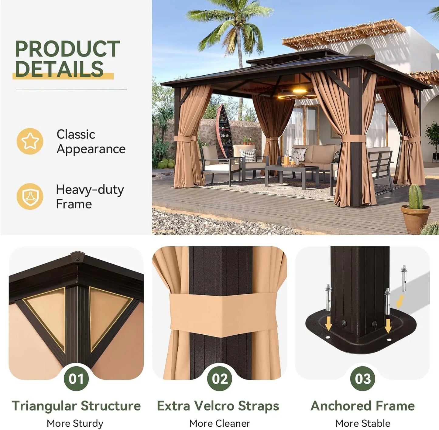 12'x10' Hardtop Gazebo, Aluminum Frame Permanent Pavilion with Curtains and Netting, Outdoor Polycarbonate Double Roof Canopy