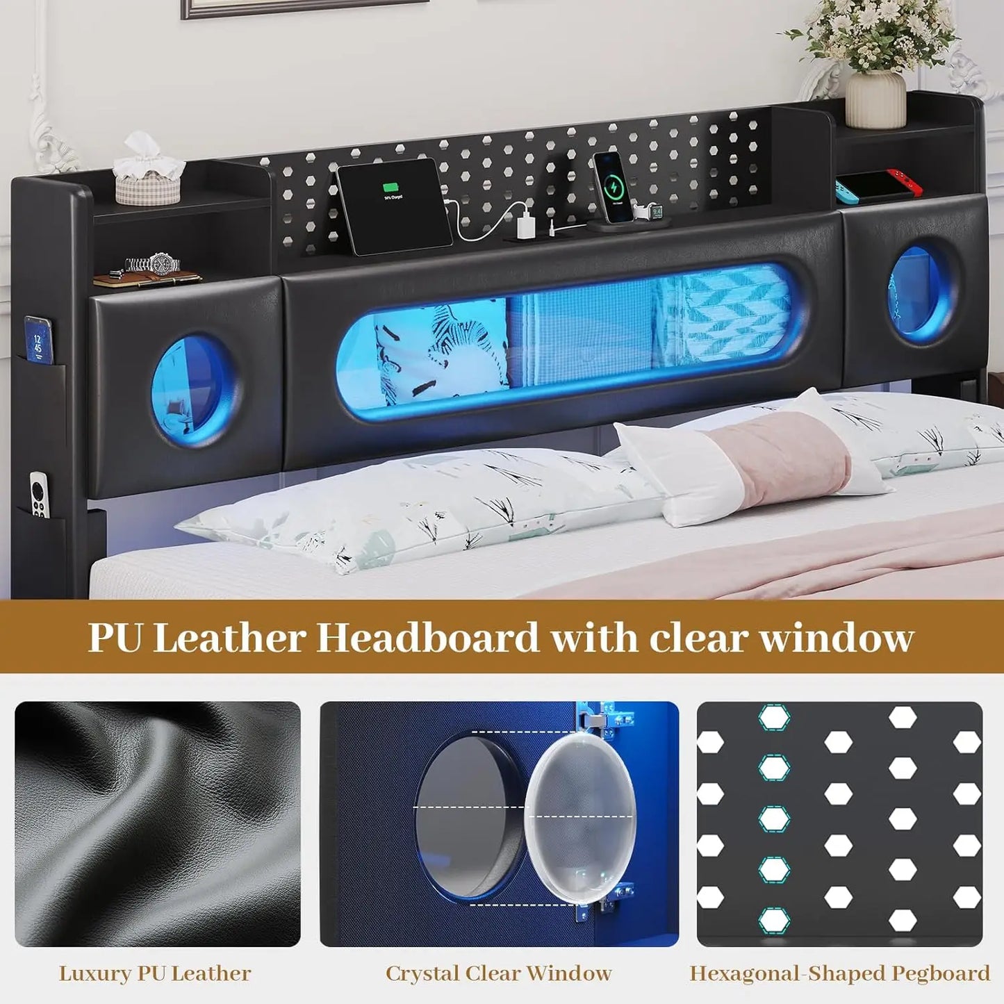 King Floating Bed Frame Storage Headboard LED Light Charging Station Bookcase No Box Spring Noise-Free Black, Customized
