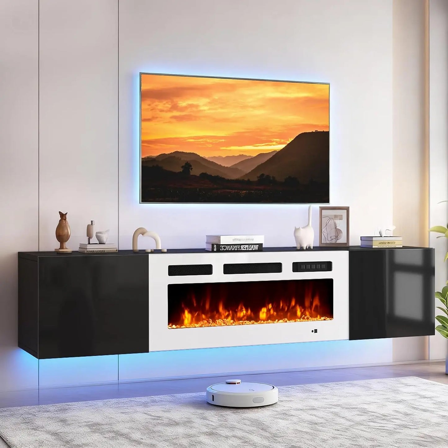 70in Wall Mount Floating TV Stand Console Electric Fireplace 36in 12-Color LED Storage Fit 80in TVs Living Room White Customized