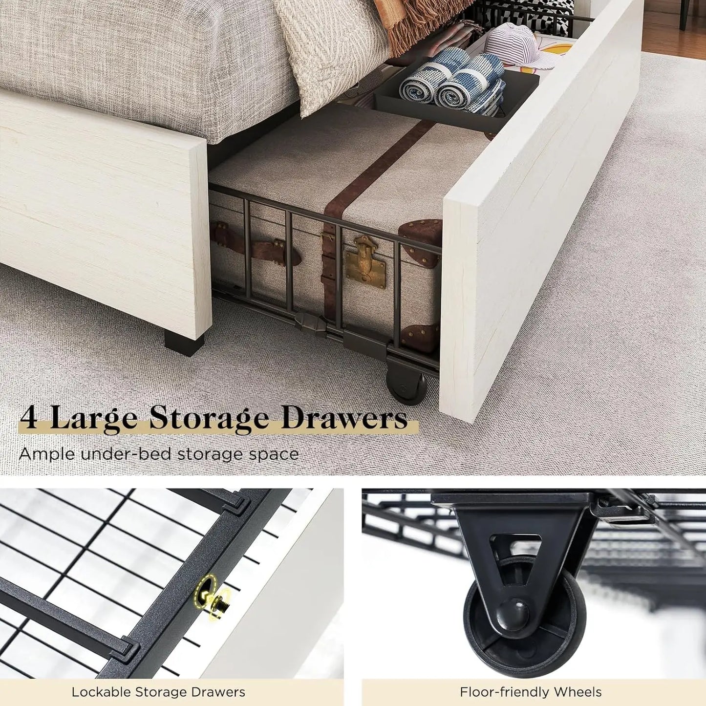 Queen Storage Bed Frame Charging Station Bookcase Headboard Hidden 4 Drawers Upholstered No Box Spring White, Customized