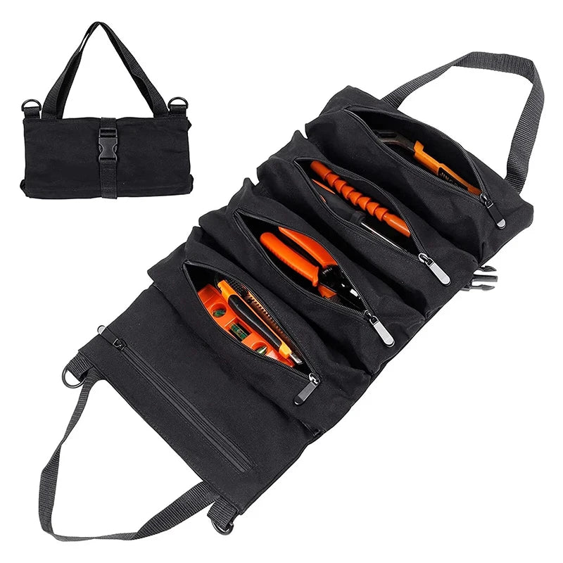 Tool Roll Organizer Heavy-Duty Roll-up Tool Bag Multi-purpose Canvas Tool Pouch Zipper Pockets Portable Storage Wrap Black/Green
