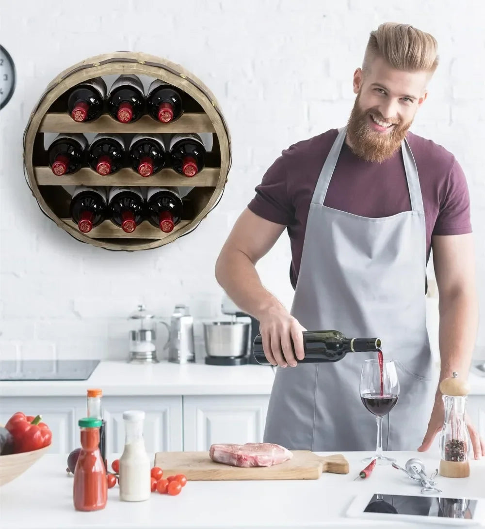 Wall Mounted Barrel Wine Rack for 10 Bottles, Natural Wood Industrial Wine Holder, Rustic Wine Storage Shelf for Kitchen Bar
