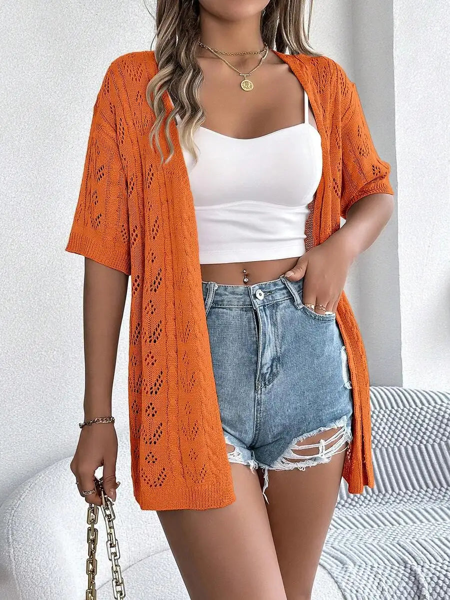 Lightweight Solid Color Hollow Out Knit Cardigan For Women Casual Spring Summer