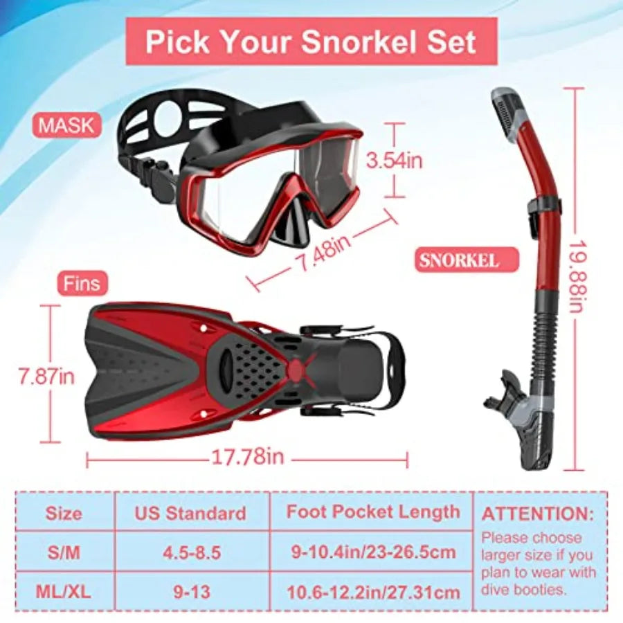 Snorkeling gear for adults: panoramic view diving mask, anti-fog dry top snorkel, adjustable freediving fins, travel bag silico