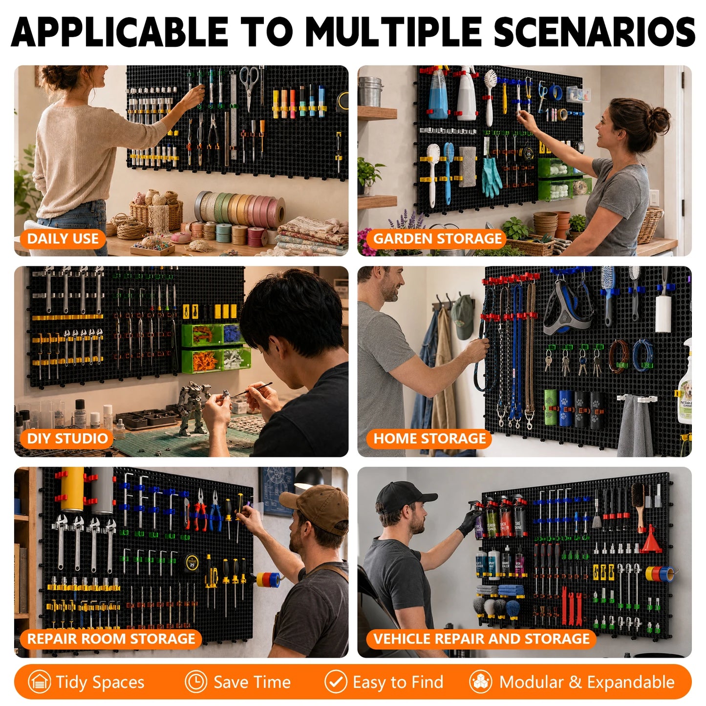 Plastic Pegboard Wall Organizer Kit, 12 Black Panels 121x 61cm,428 Accessories with Hooks, Clips, Modular Tool Storage Board for