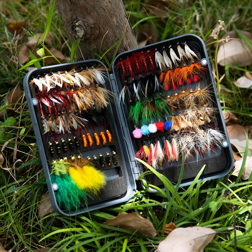 Goture 100pcs Fly Fishing Lure Kit Dry Wet Flies Nymph Streamers Set Trout Pike Baits With Retail Lures Box