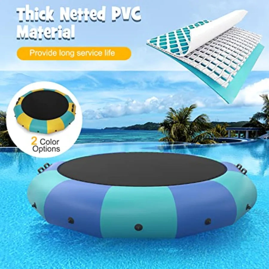 10Ft 12Ft 15Ft Inflatable Water Trampoline Floating Rebounder with 500W Blower and 3-Step Rope Ladder for Pool Lake Adults Recr