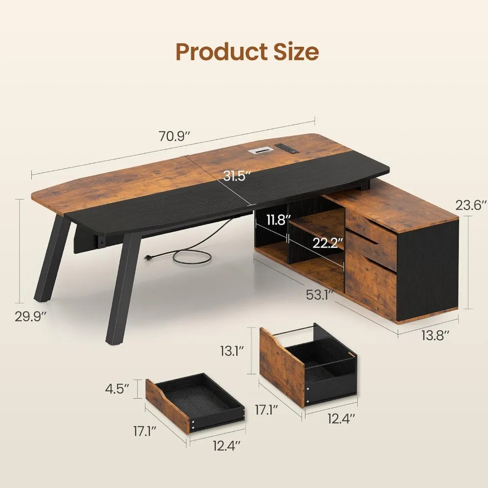 71" Executive Desk with File Cabinet, Large Office Desk with Drawers and Shelves, L Shaped Computer Desk with Power, Customized
