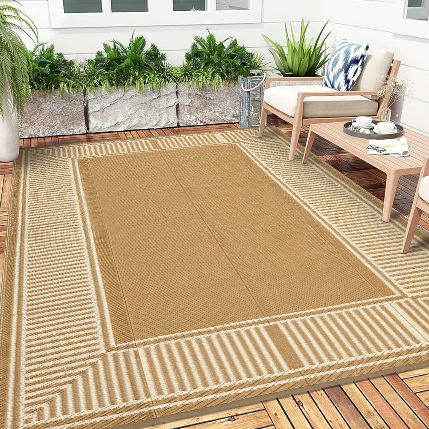 Reversible Outdoor Area Rug- Washable Plastic Geometric Mat  -Portable RV Camping Mat with Carry Bag & Stakes for Patio Porch