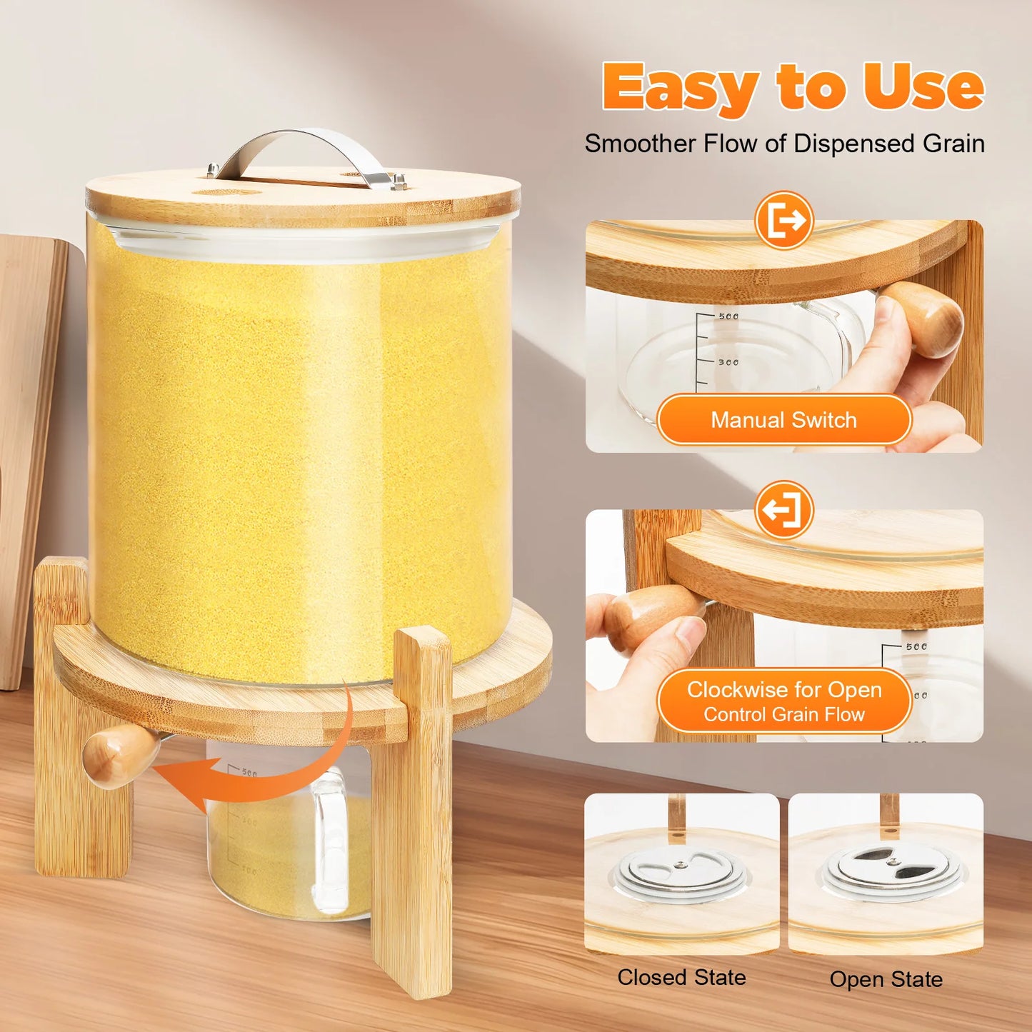Capacity Airtight Glass Dry Food Storage, Container Cereal Rice Dispenser w/Round Bamboo Lids & Cup & Stand (5 L)