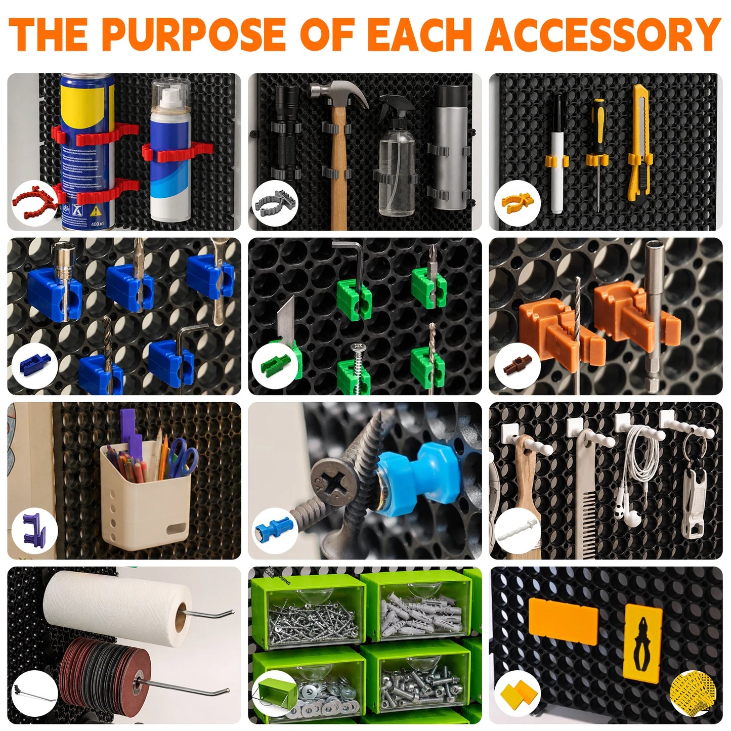 Plastic Pegboard Wall Organizer Kit, 12 Black Panels 121x 61cm,428 Accessories with Hooks, Clips, Modular Tool Storage Board for