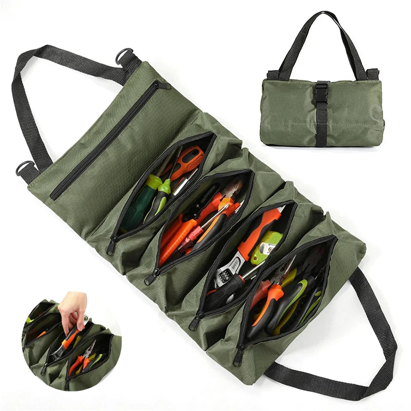 Tool Roll Organizer Heavy-Duty Roll-up Tool Bag Multi-purpose Canvas Tool Pouch Zipper Pockets Portable Storage Wrap Black/Green