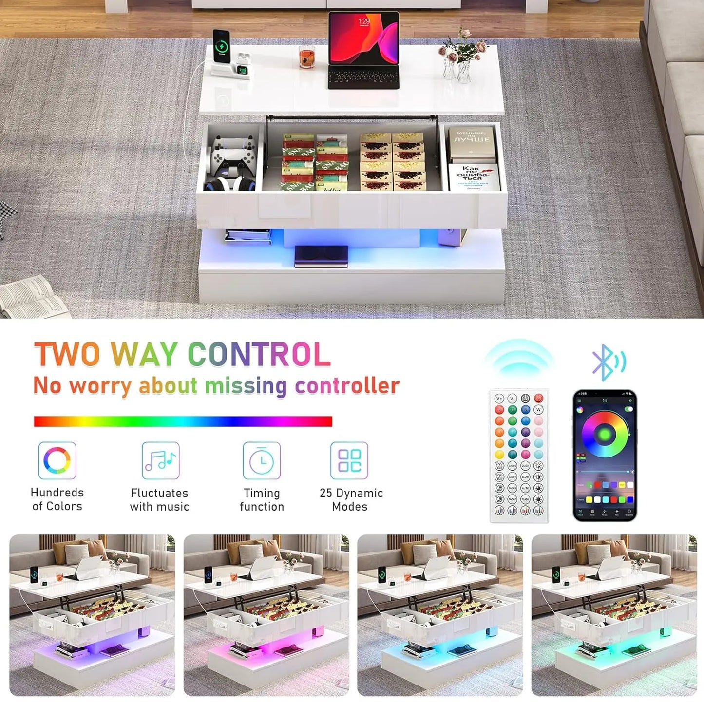 39.4" Large Lift Top Coffee Table,Modern High Glossy LED Coffee Tables for Living Room with Storage,Black Living Room Tables for
