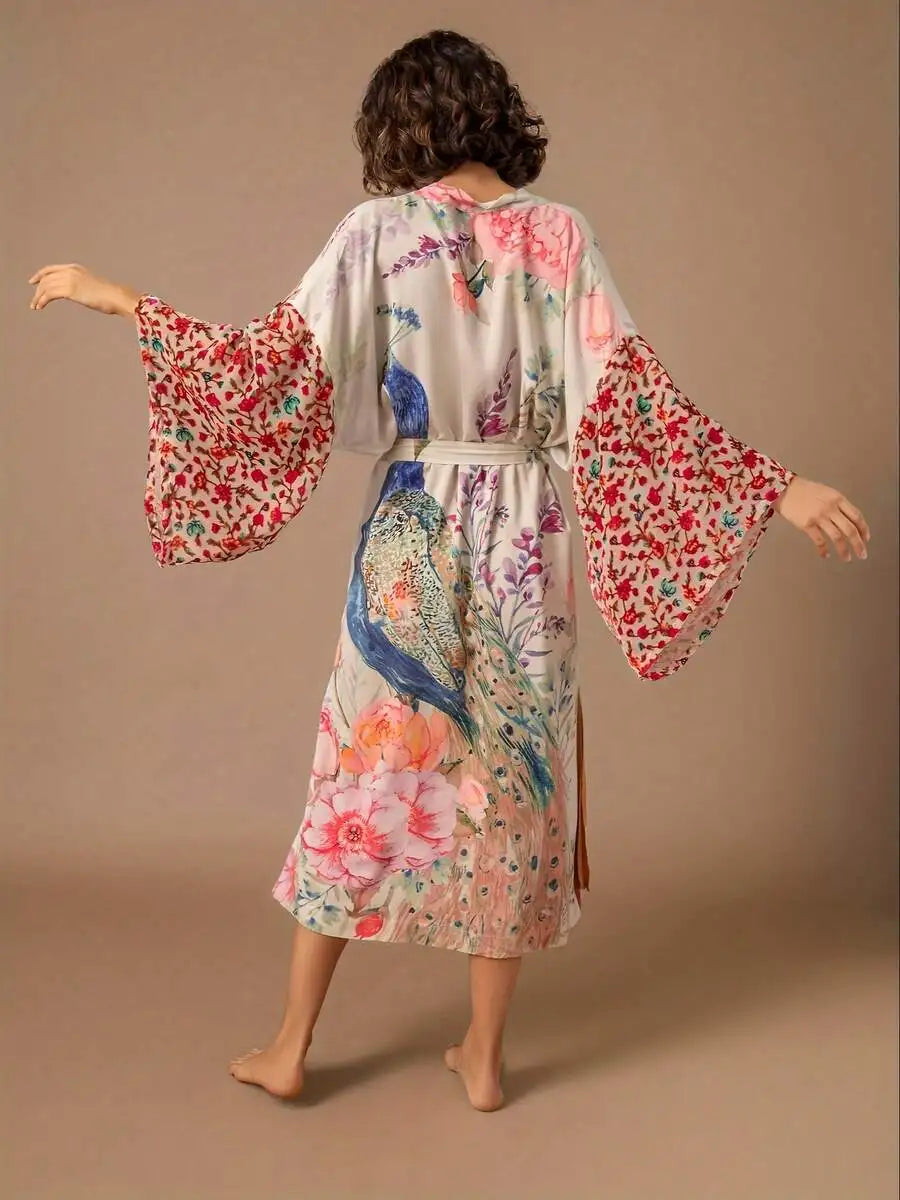 Womens Peacock Floral Print Long Sleeve Open Robe With Waist Belt Homewear