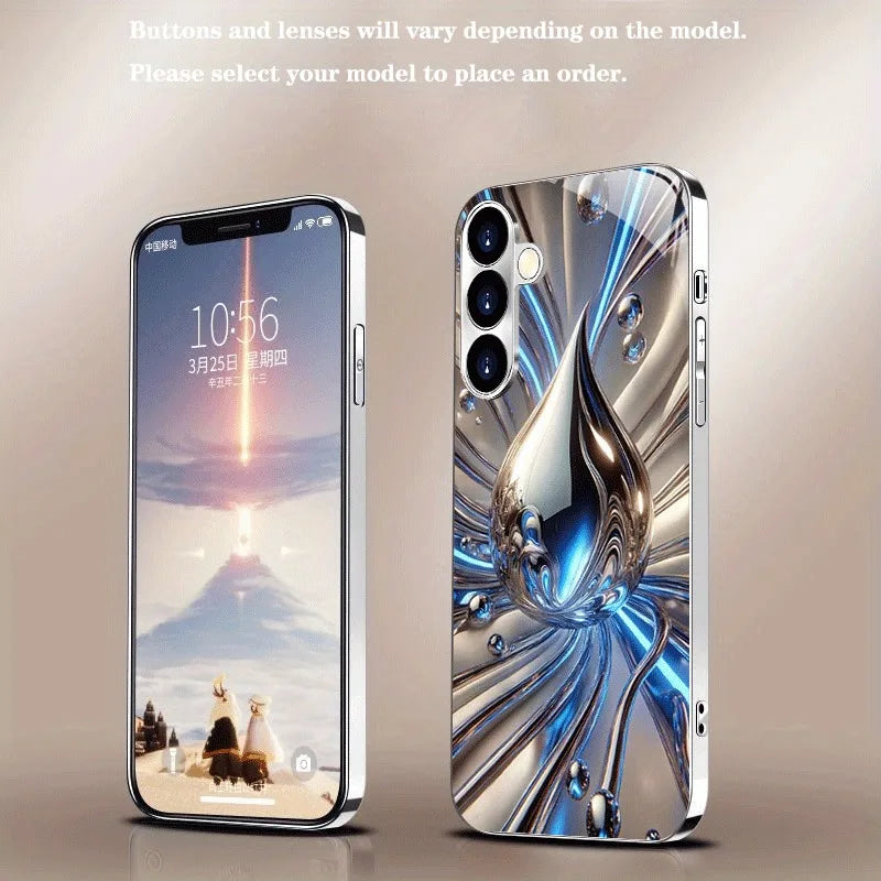 Blue Silver Fluid Drop Electroplated Silver Phone Case For Samsung Galaxy S26 S25 S24 S23 Ultra Plus FE Tempered Glass Cover