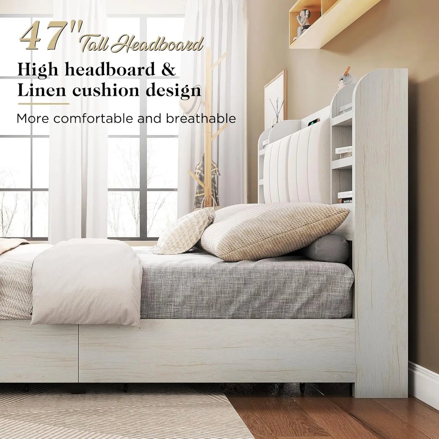 Queen Storage Bed Frame Charging Station Bookcase Headboard Hidden 4 Drawers Upholstered No Box Spring White, Customized