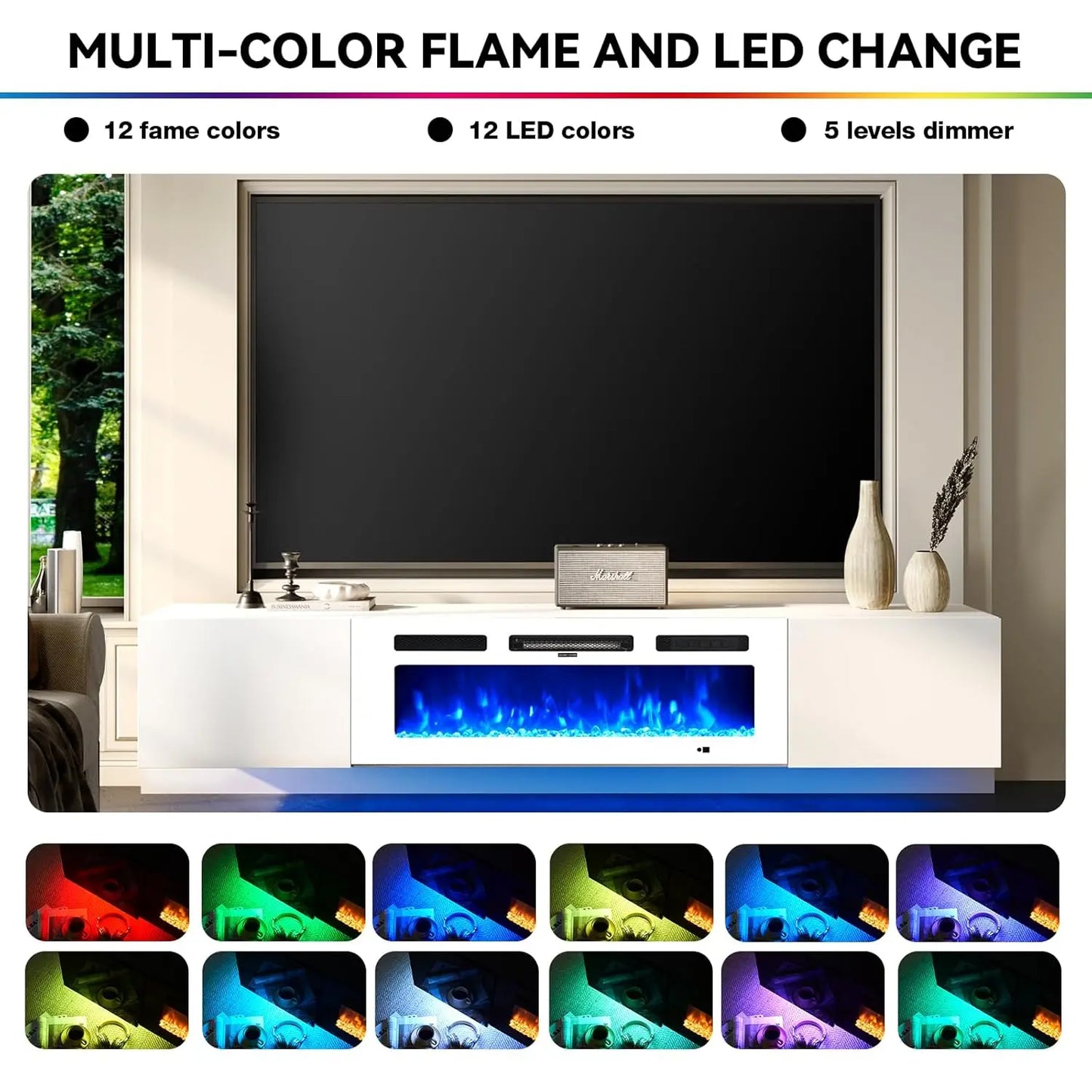 70in Wall Mount Floating TV Stand Console Electric Fireplace 36in 12-Color LED Storage Fit 80in TVs Living Room White Customized