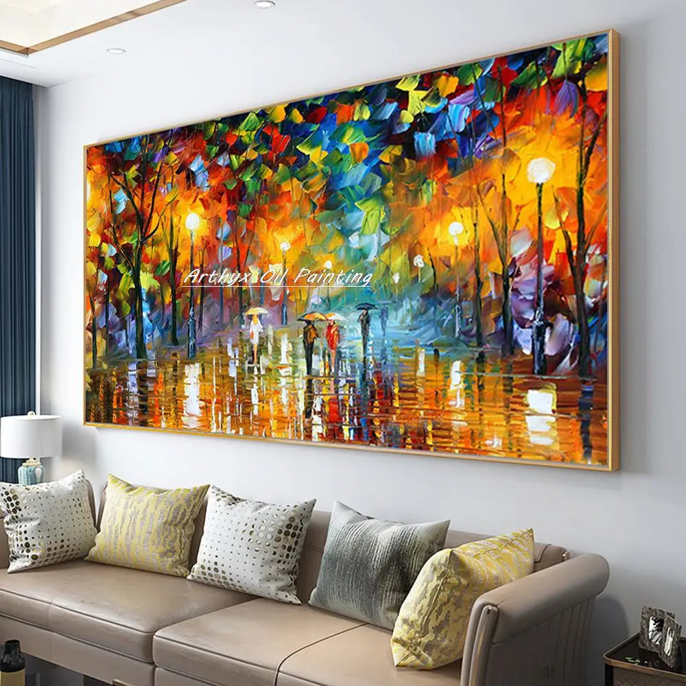 Arthyx,Handpainted Night Knife Oil Painting On Canvas,Wall Art,Modern Abstract Landscape Picture For Living Room Home Decoration