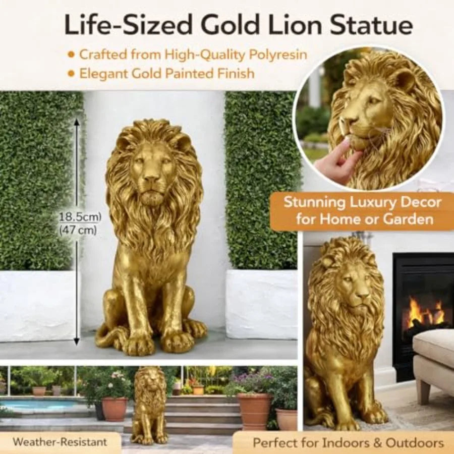 24" Majestic Lion Garden Statue - Regal Guardian Sculpture for Front Entry and Patio, Golden Resin Lion with Weighted Base for