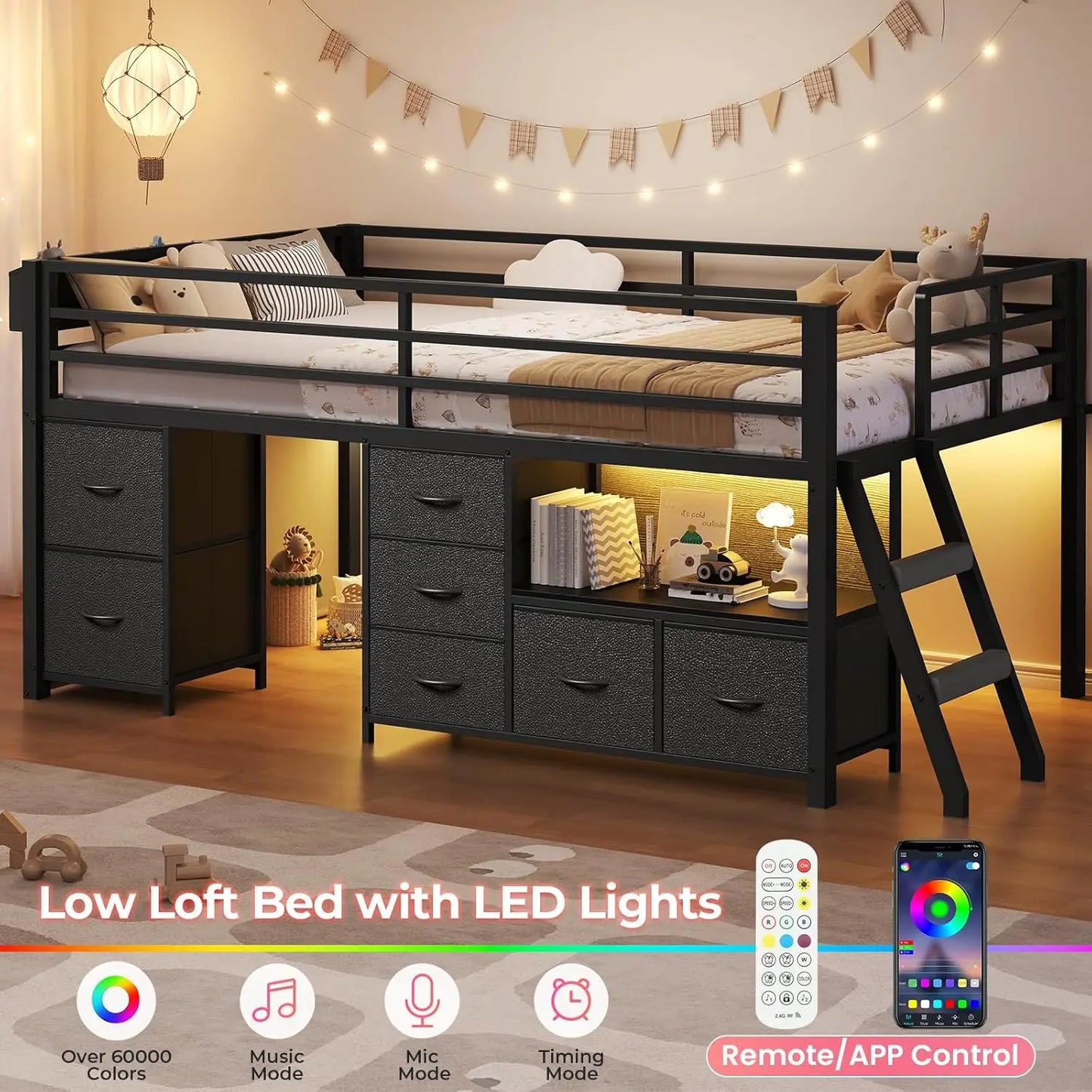Low Loft Bed Twin Size with 7 Storage Drawers, Bookcase and LED Lights, Metal Kids Loft Bed with 14" H Safety Guardrail,Inclined