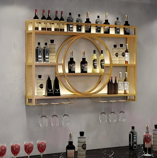 39 Inch Metal Wall Mounted Wine Rack, 3 Tier Bar Shelves with Glass Holder, Large Capacity Modern