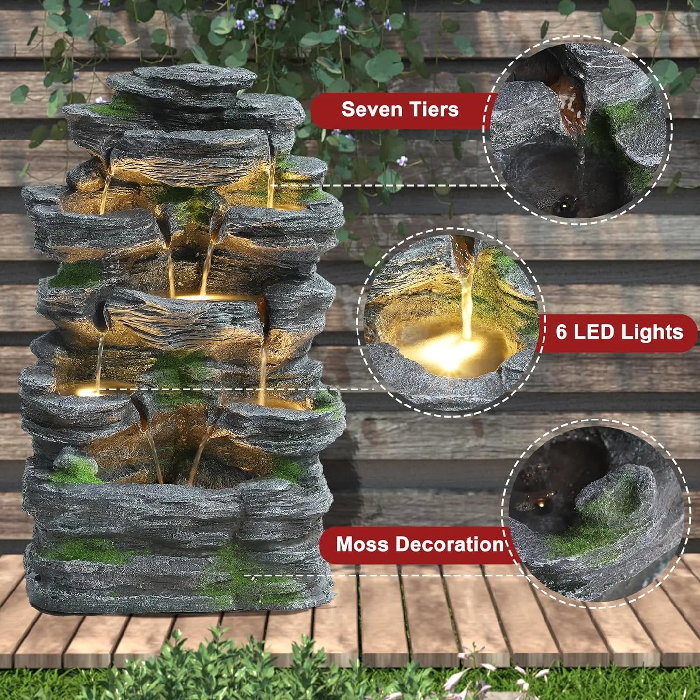 Garden Fountains Outdoor, 7-Tiers Cascading Rock Water Fountain, 24.4" H Waterfall Fountain Indoor with 6 LED Lights, Custom
