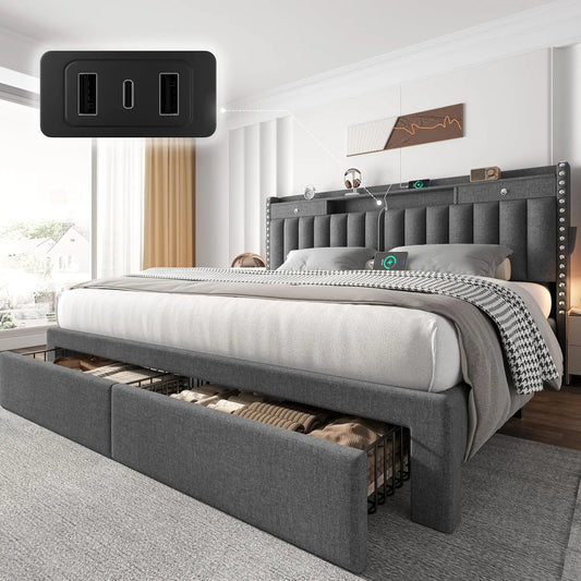 King Size Bed Frame with 4 Storage Drawers, Upholstered Platform King Bed Frame and Headboard, 3 USB & Type-C, Customized