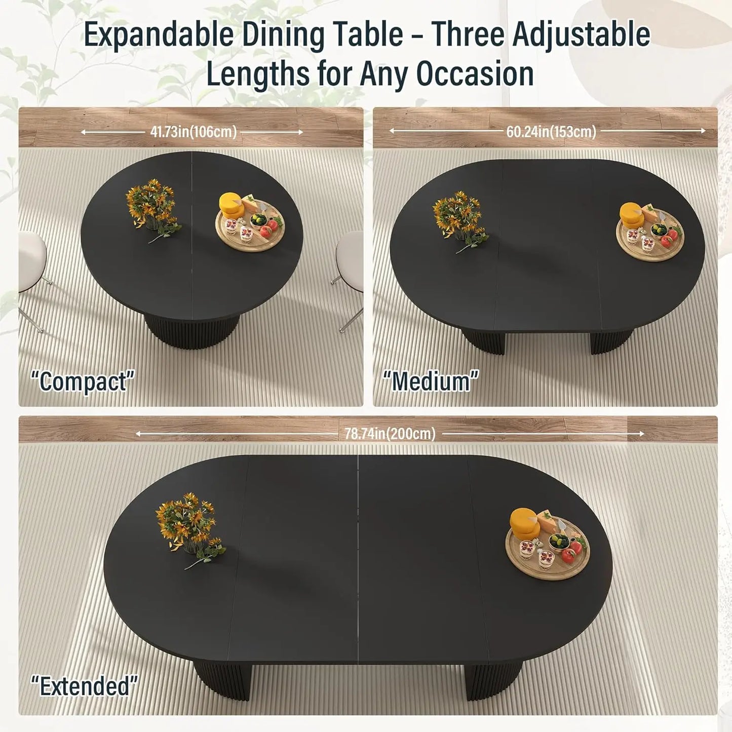 Extendable Dining Table 41-78in Seats 4-8 Round Expandable Kitchen Fluted Base Modern Oval Dining Room Living Room, Customized