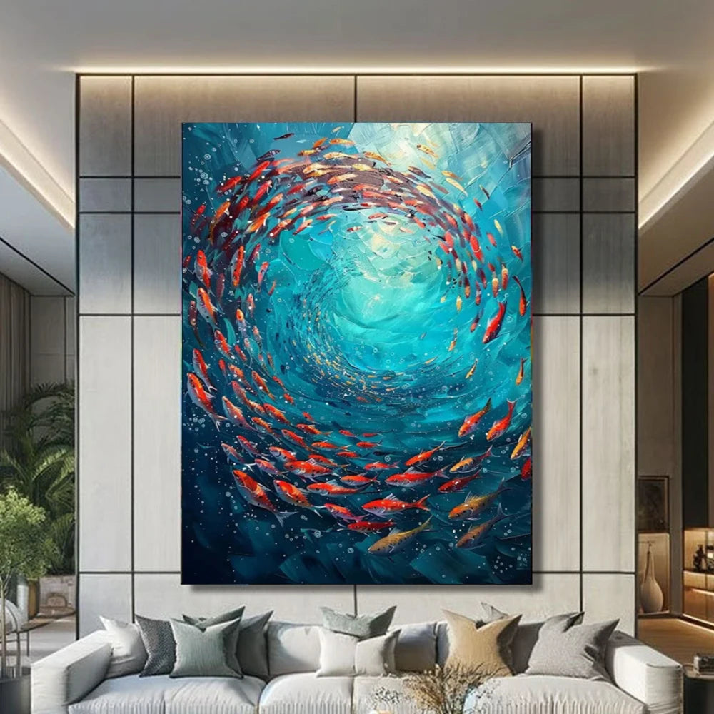 Abstract Large Blue School Of Fish Canvas Painting 3D Texture Underwater World Fish School Art Posters Prints Modern Home Decor