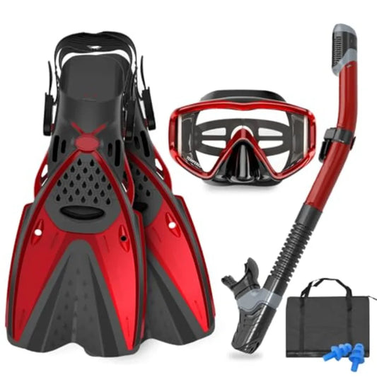 Snorkeling gear for adults: panoramic view diving mask, anti-fog dry top snorkel, adjustable freediving fins, travel bag silico