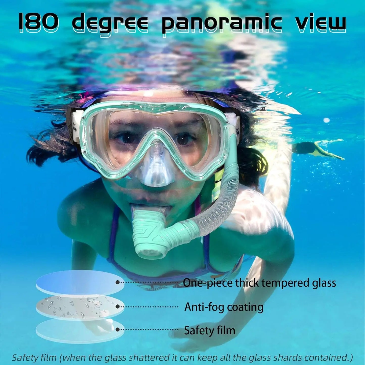 Kids Swim Goggles Snorkel Diving Mask for Youth 5-15, Anti-Fog 180° Clear View