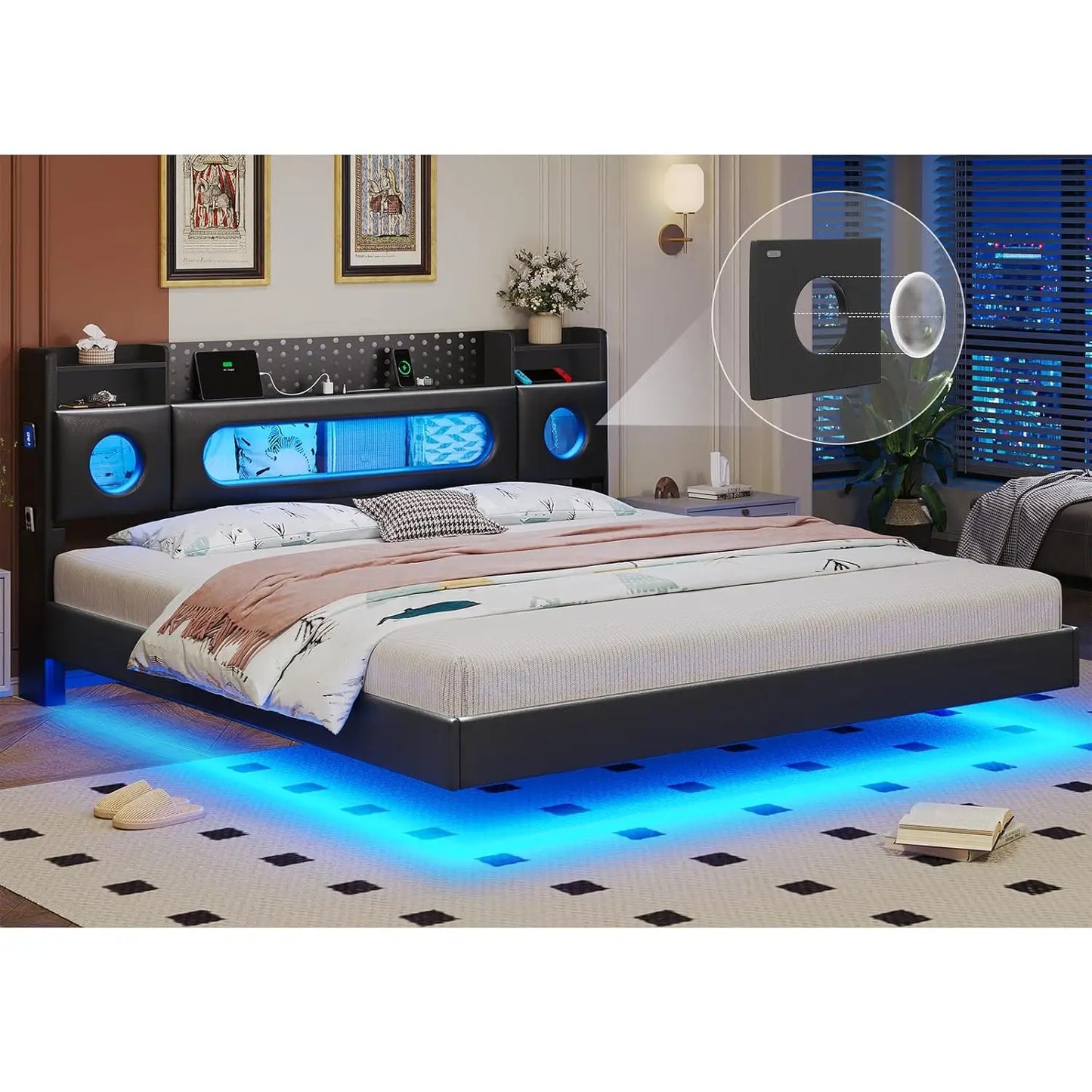 King Floating Bed Frame Storage Headboard LED Light Charging Station Bookcase No Box Spring Noise-Free Black, Customized