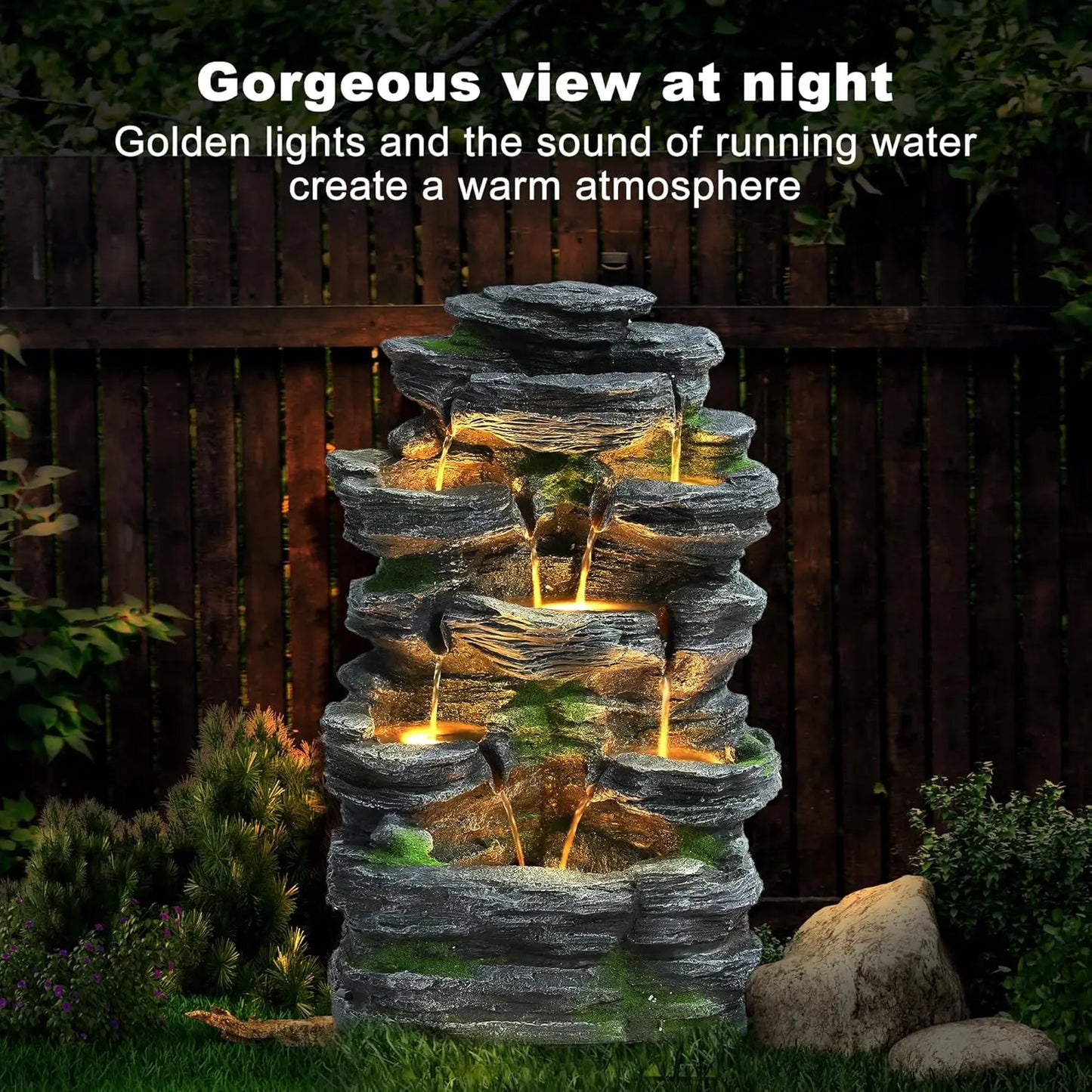Garden Fountains Outdoor, 7-Tiers Cascading Rock Water Fountain, 24.4" H Waterfall Fountain Indoor with 6 LED Lights, Custom
