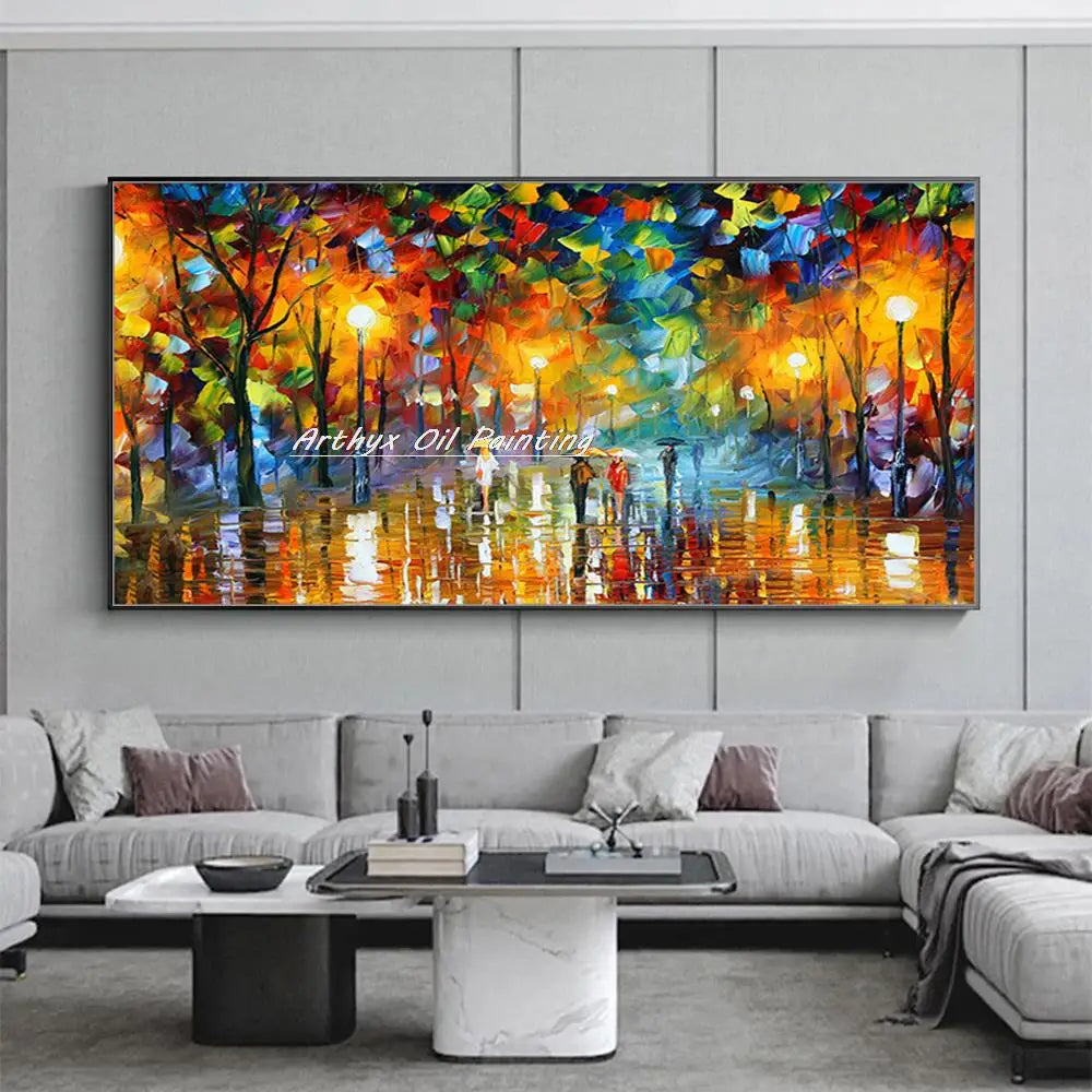 Arthyx,Handpainted Night Knife Oil Painting On Canvas,Wall Art,Modern Abstract Landscape Picture For Living Room Home Decoration