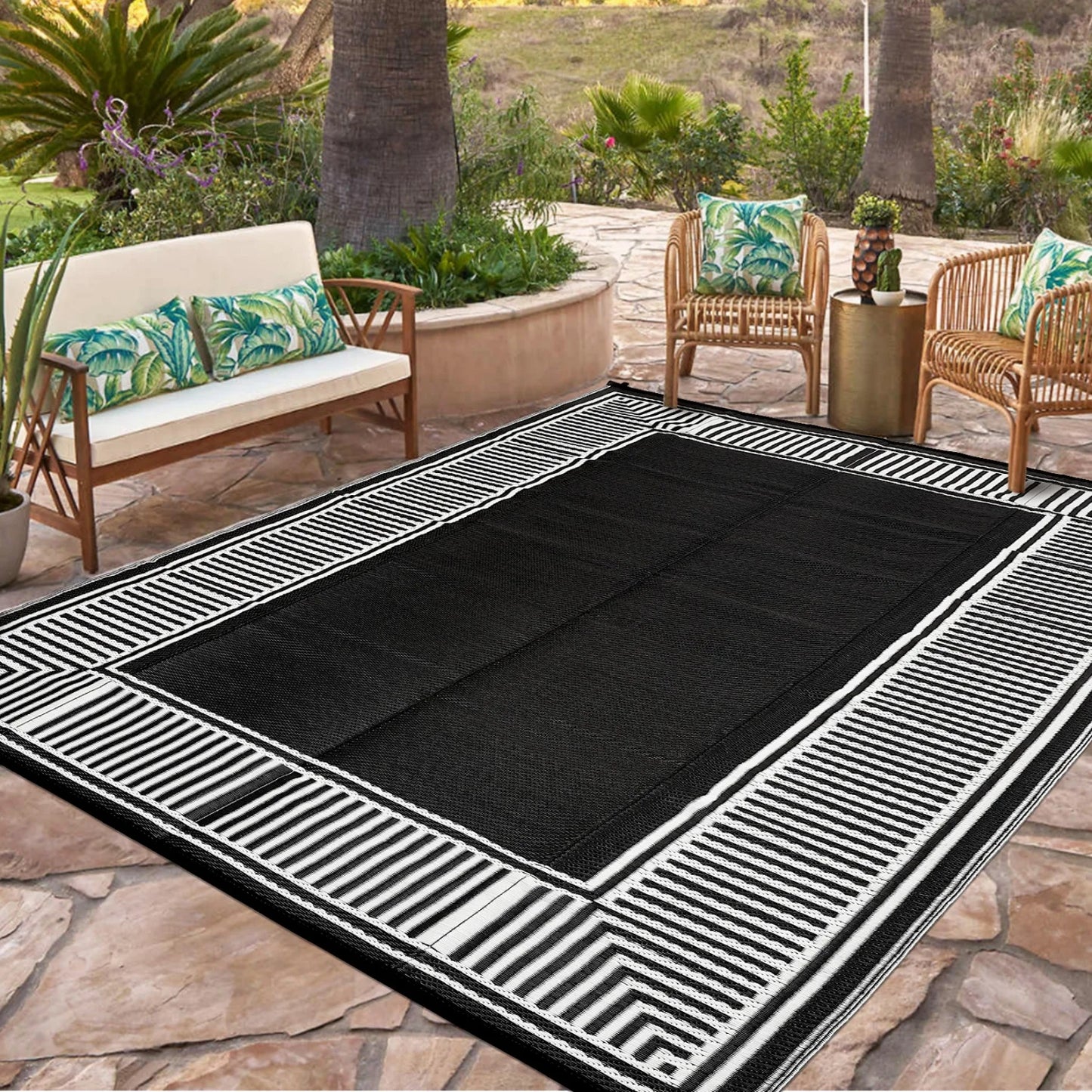 Reversible Outdoor Area Rug- Washable Plastic Geometric Mat  -Portable RV Camping Mat with Carry Bag & Stakes for Patio Porch