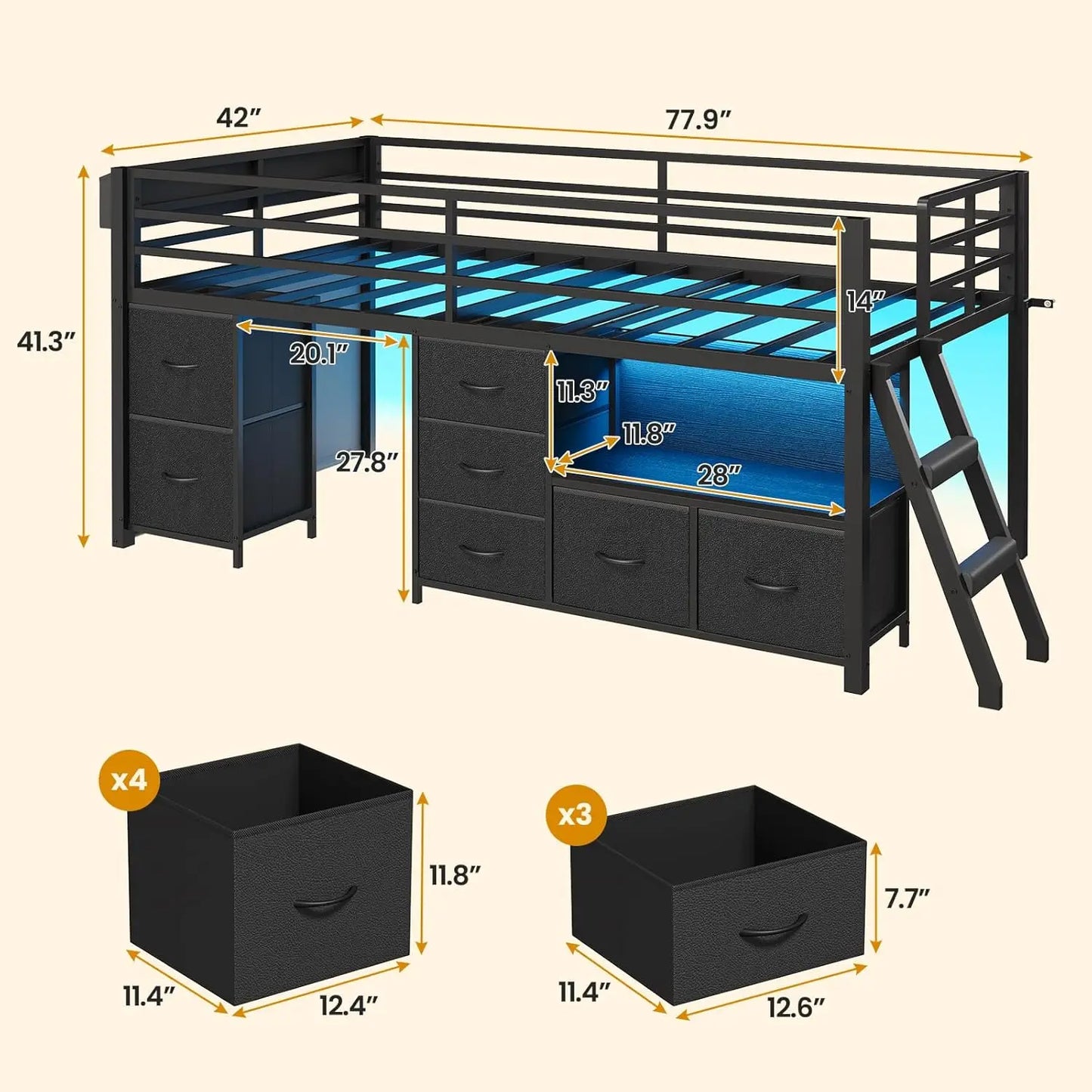 Low Loft Bed Twin Size with 7 Storage Drawers, Bookcase and LED Lights, Metal Kids Loft Bed with 14" H Safety Guardrail,Inclined