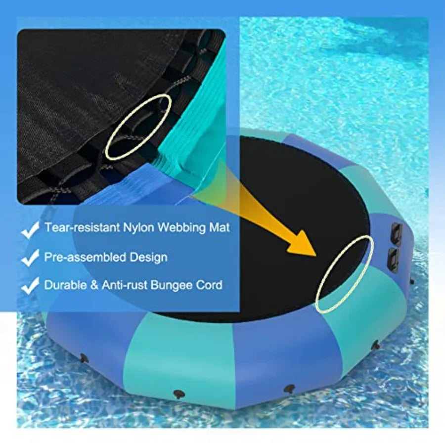 10Ft 12Ft 15Ft Inflatable Water Trampoline Floating Rebounder with 500W Blower and 3-Step Rope Ladder for Pool Lake Adults Recr