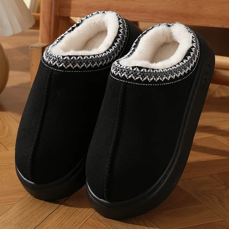 Men's High-End New Solid Color Faux Suede Patchwork Couple's Home Slippers, Thick-Soled, Non-Slip, Lightweight, Warm Cotton Slippers for Women