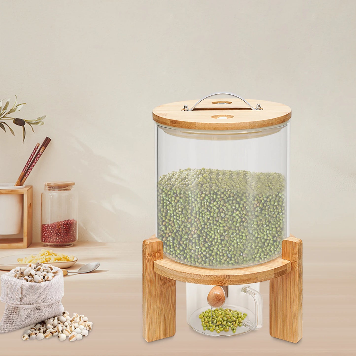 Capacity Airtight Glass Dry Food Storage, Container Cereal Rice Dispenser w/Round Bamboo Lids & Cup & Stand (5 L)