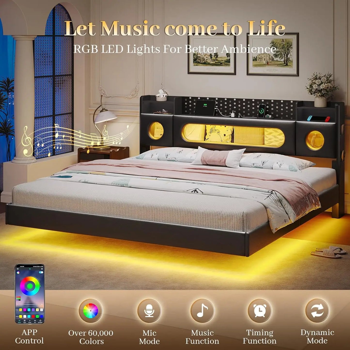 King Floating Bed Frame Storage Headboard LED Light Charging Station Bookcase No Box Spring Noise-Free Black, Customized