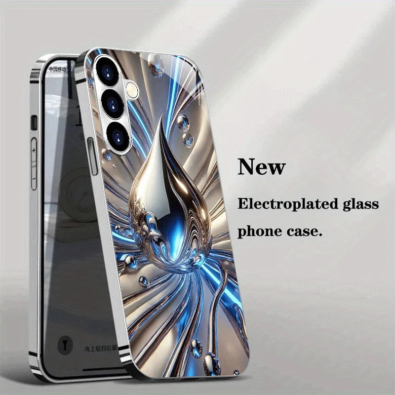 Blue Silver Fluid Drop Electroplated Silver Phone Case For Samsung Galaxy S26 S25 S24 S23 Ultra Plus FE Tempered Glass Cover