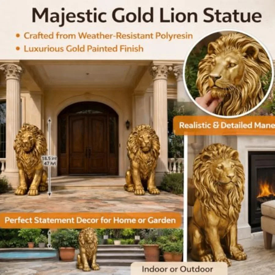 24" Majestic Lion Garden Statue - Regal Guardian Sculpture for Front Entry and Patio, Golden Resin Lion with Weighted Base for