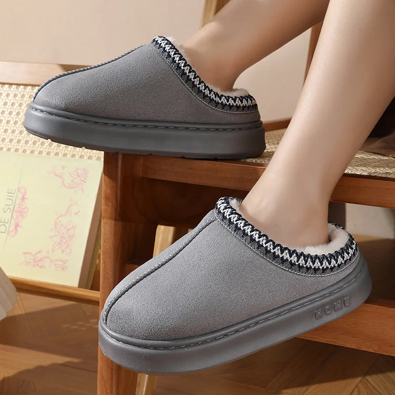 Men's High-End New Solid Color Faux Suede Patchwork Couple's Home Slippers, Thick-Soled, Non-Slip, Lightweight, Warm Cotton Slippers for Women