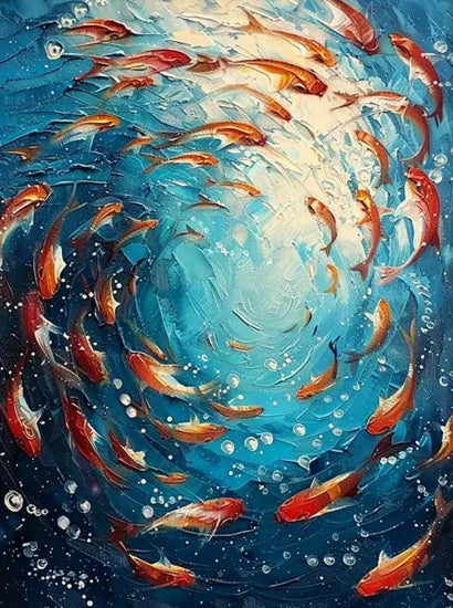 Abstract Large Blue School Of Fish Canvas Painting 3D Texture Underwater World Fish School Art Posters Prints Modern Home Decor