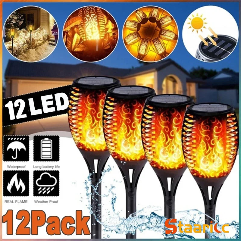 1-12PCS 12LED Solar Flame Torch Lights Flickering Light Waterproof Garden Decoration Outdoor Lawn Path Yard Patio Floor Lamp
