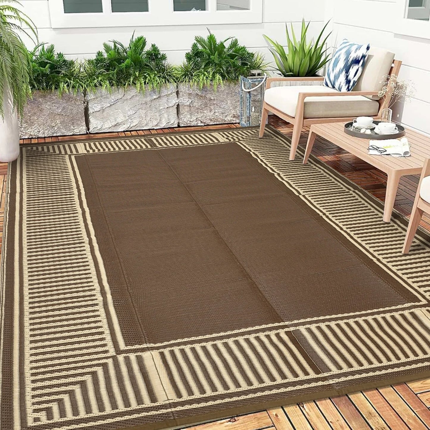 Reversible Outdoor Area Rug- Washable Plastic Geometric Mat  -Portable RV Camping Mat with Carry Bag & Stakes for Patio Porch