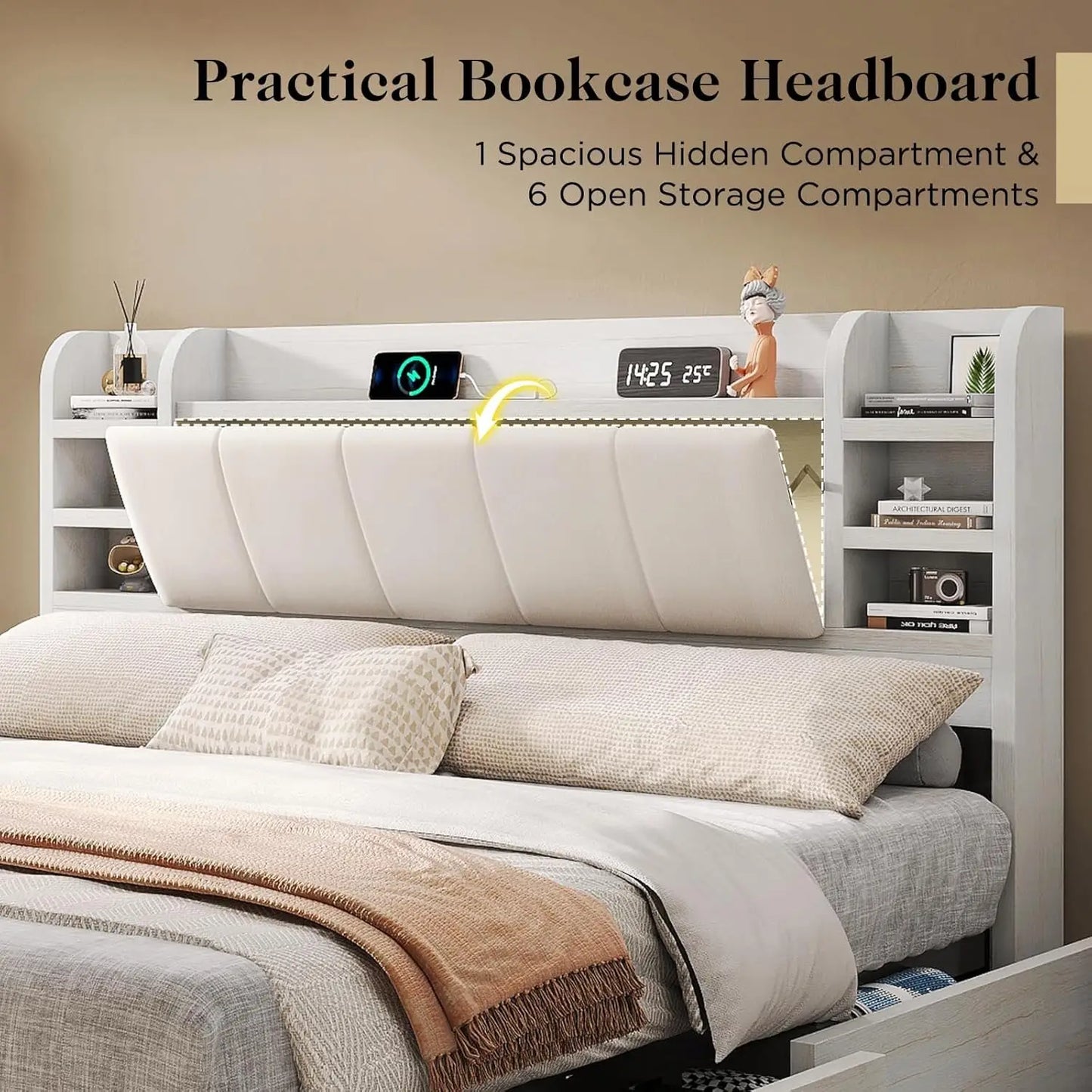 Queen Storage Bed Frame Charging Station Bookcase Headboard Hidden 4 Drawers Upholstered No Box Spring White, Customized