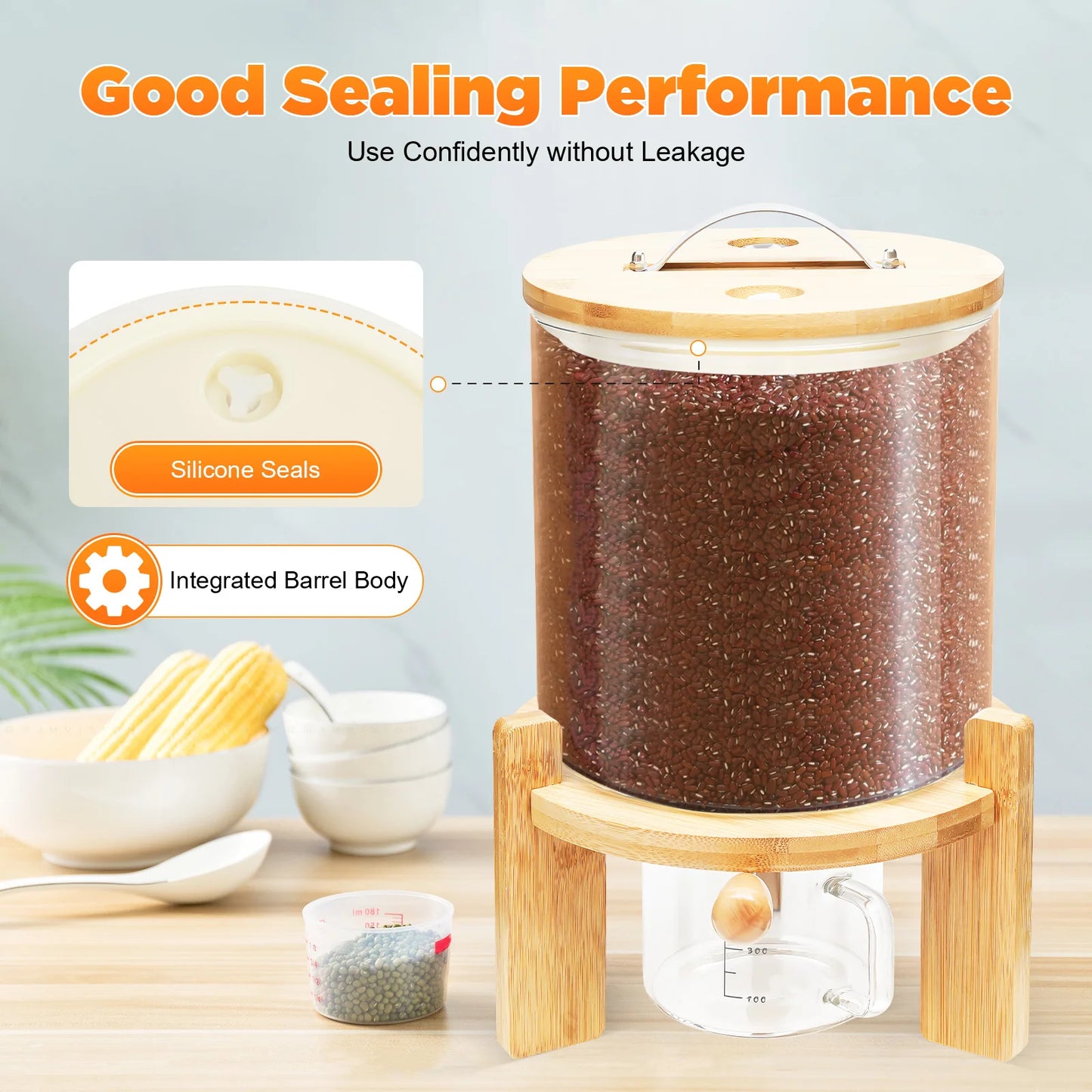 Capacity Airtight Glass Dry Food Storage, Container Cereal Rice Dispenser w/Round Bamboo Lids & Cup & Stand (5 L)
