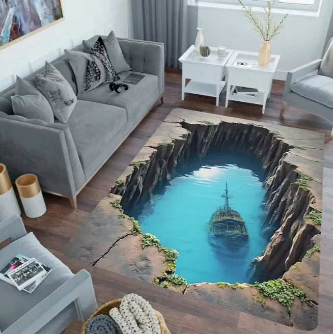 Flannel Printed 3D Sinkhole Ship Rug Ocean Adventure Theme Living Room Carpet Soft Fleece Floor Mat Home Decor Unique Area Rugs