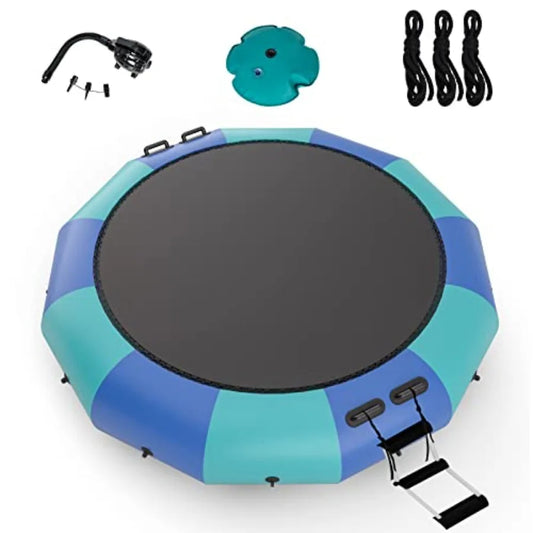 10Ft 12Ft 15Ft Inflatable Water Trampoline Floating Rebounder with 500W Blower and 3-Step Rope Ladder for Pool Lake Adults Recr